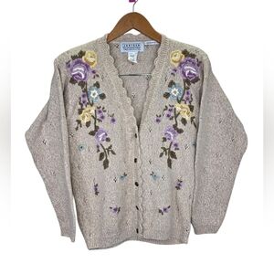 Vintage 90s Jantzen Petite Beige Cardigan Floral Embroidery Cotton Size Small